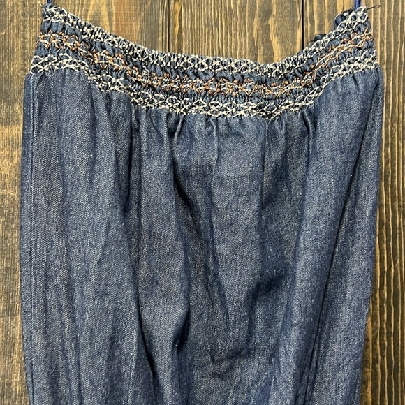 Chesley Denim Jumpsuit S Wide Leg Strapless Pockets Soft Elastic Stretch Waist - Picture 4 of 10